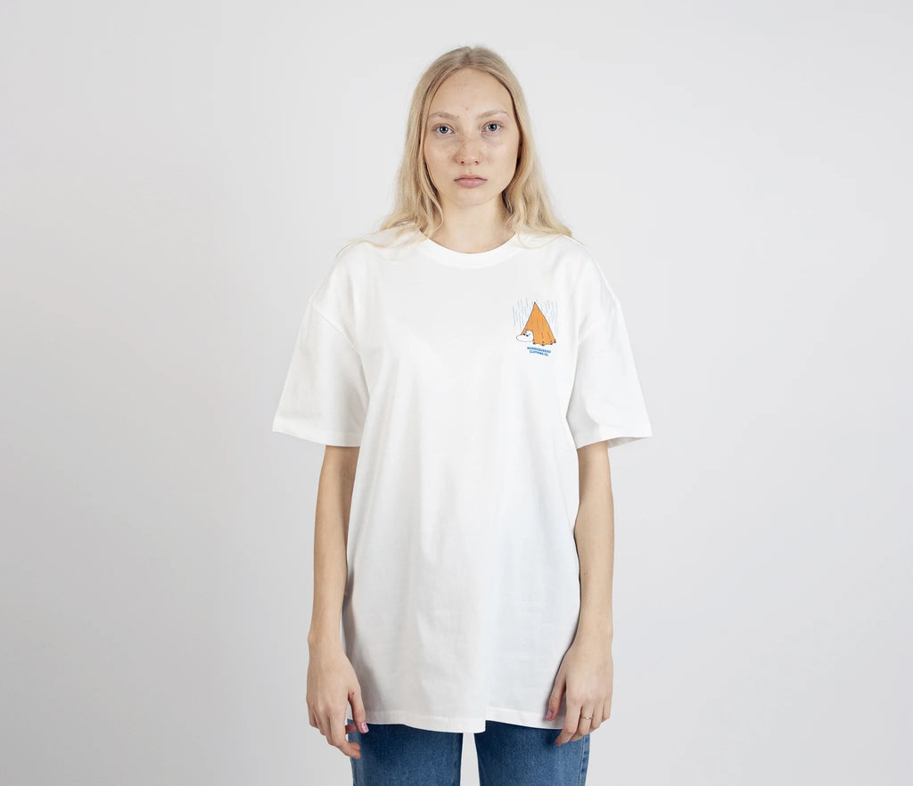 3. Unisex white Moomin Adventure T-Shirt worn by female model, full front view highlighting relaxed fit