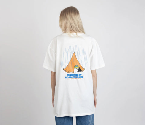 4. Unisex white Moomin Adventure T-Shirt worn by female model, back view showing tent graphic and Moomin by NordicBuddies logo
