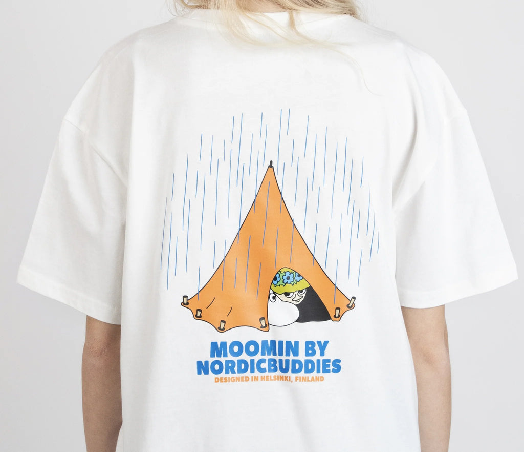 6. Close-up of back design on unisex white Moomin Adventure T-Shirt, featuring tent graphic and Moomin by NordicBuddies logo