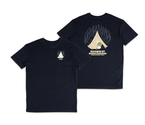 1. Unisex navy Moomin Adventure T-Shirt by NordicBuddies, front and back view, featuring tent design