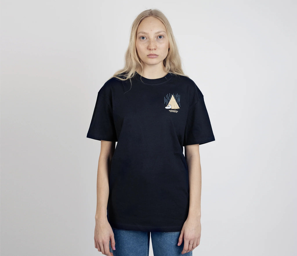 5. Female model wearing unisex navy Moomin Adventure T-Shirt by NordicBuddies, front view with tent design
