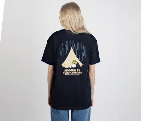 4. Female model wearing unisex navy Moomin Adventure T-Shirt by NordicBuddies, back view showing tent design