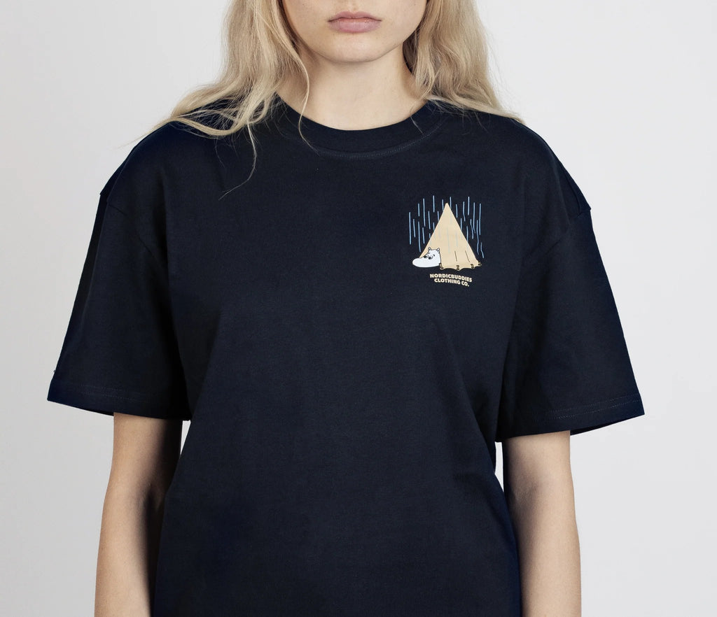 9. Close-up of front design on unisex navy Moomin Adventure T-Shirt by NordicBuddies, showing tent graphic