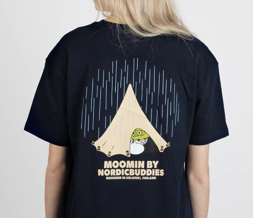 8. Close-up of back design on unisex navy Moomin Adventure T-Shirt by NordicBuddies, showing tent graphic