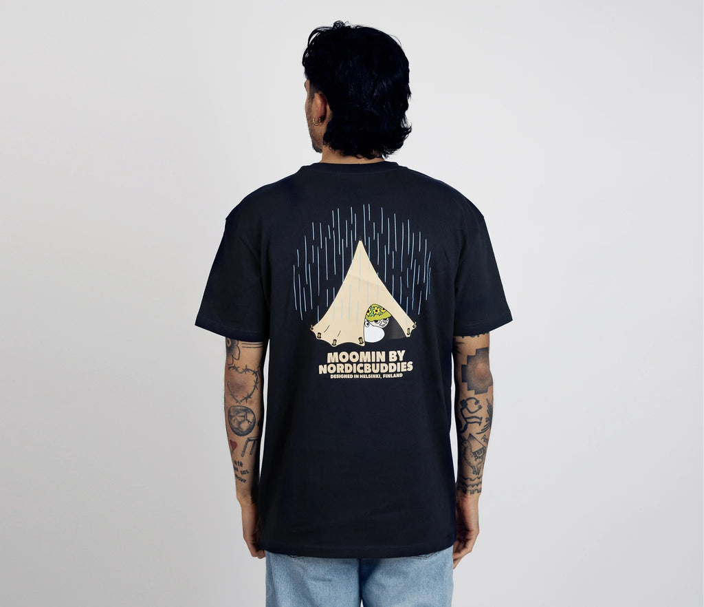 2. Male model wearing unisex navy Moomin Adventure T-Shirt by NordicBuddies, back view showing tent design
