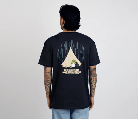 2. Male model wearing unisex navy Moomin Adventure T-Shirt by NordicBuddies, back view showing tent design