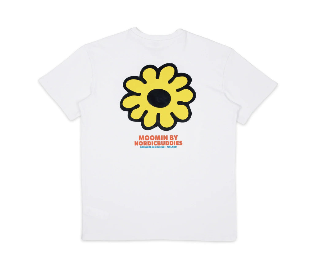 8. Flat lay of Moomintroll's Flower T-Shirt by NordicBuddies, showing large yellow flower graphic on back