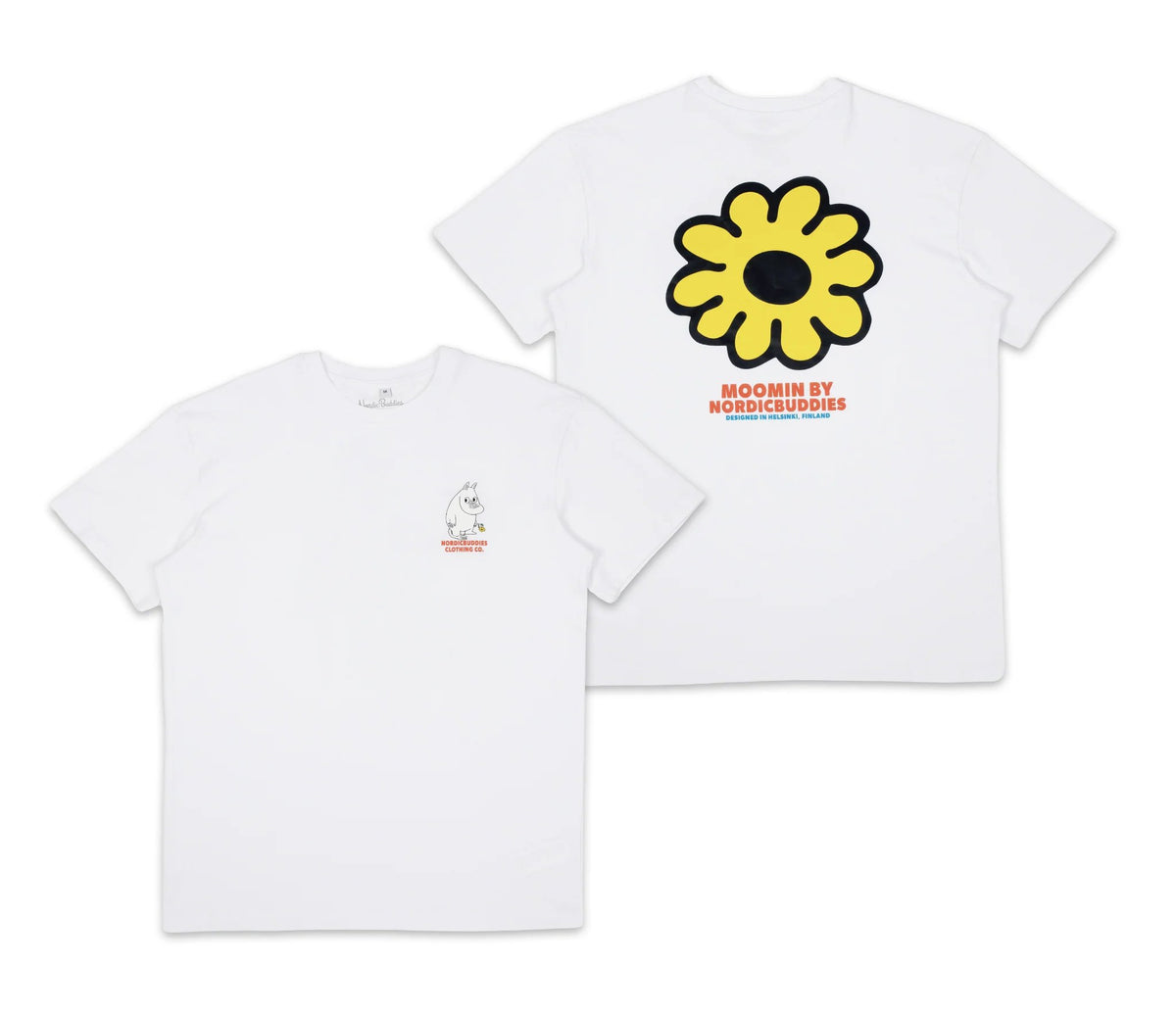 7. Unisex Moomintroll's Flower T-Shirt by NordicBuddies, front and back view with flower and Moomin graphics