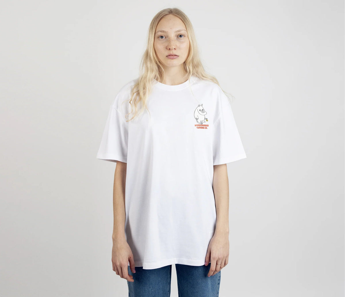 5. Women's Moomintroll's Flower T-Shirt by NordicBuddies, front view with Moomin character graphic, shown in studio