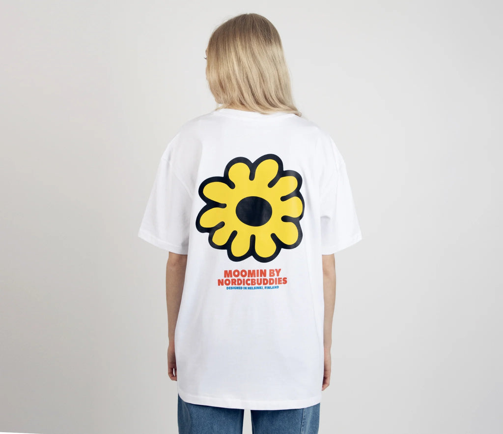 6. Women's Moomintroll's Flower T-Shirt by NordicBuddies, featuring large yellow flower graphic on back, shown in studio