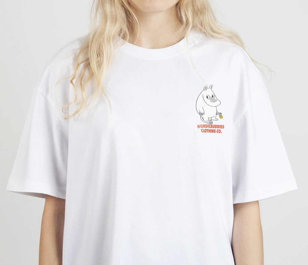 2. Women's Moomintroll's Flower T-Shirt by NordicBuddies, front view with Moomin character graphic, shown in studio