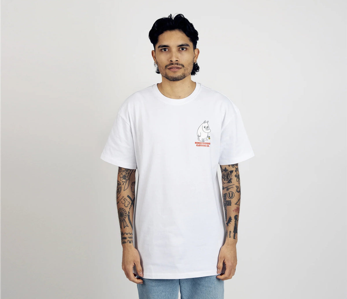 3. Men's Moomintroll's Flower T-Shirt by NordicBuddies, front view with Moomin character graphic, shown in studio