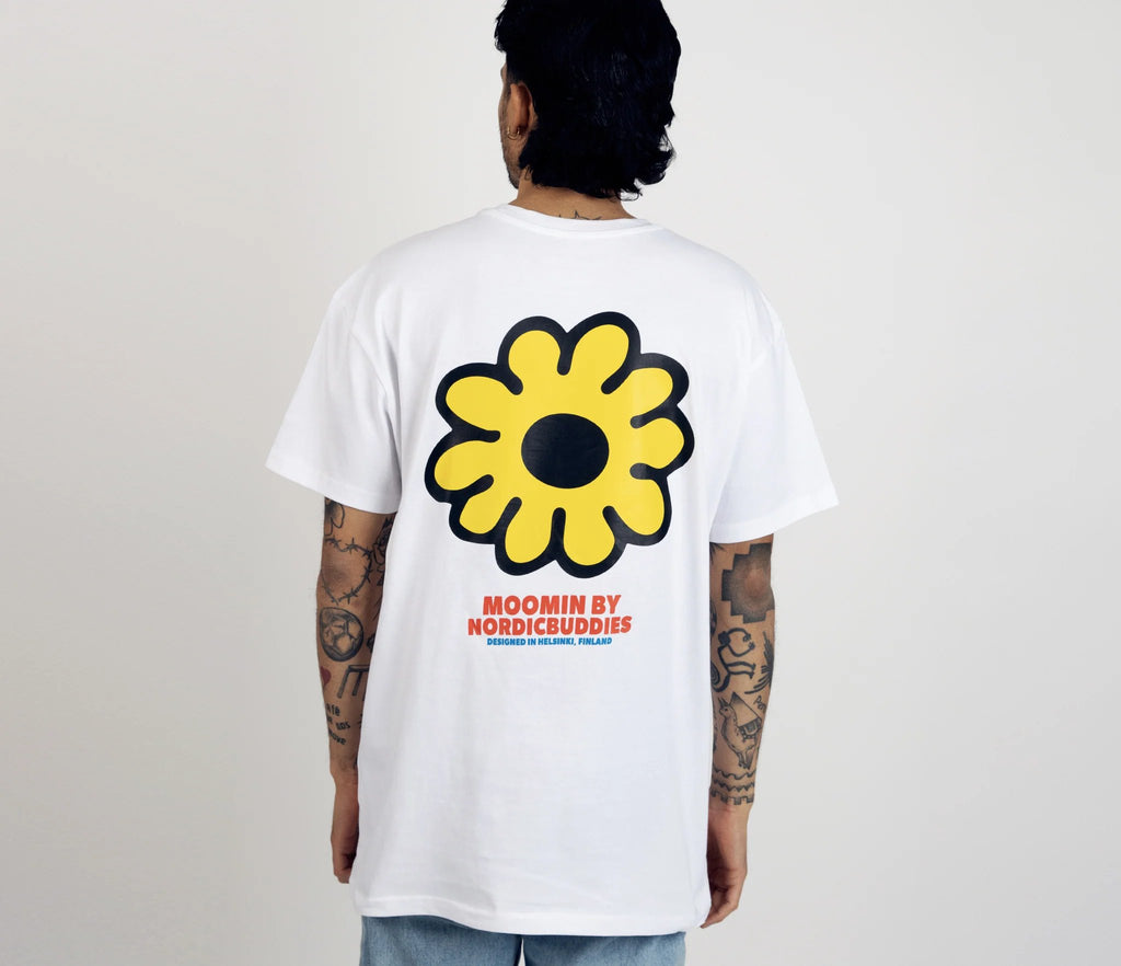 4. Men's Moomintroll's Flower T-Shirt by NordicBuddies, featuring large yellow flower graphic on back, shown in studio