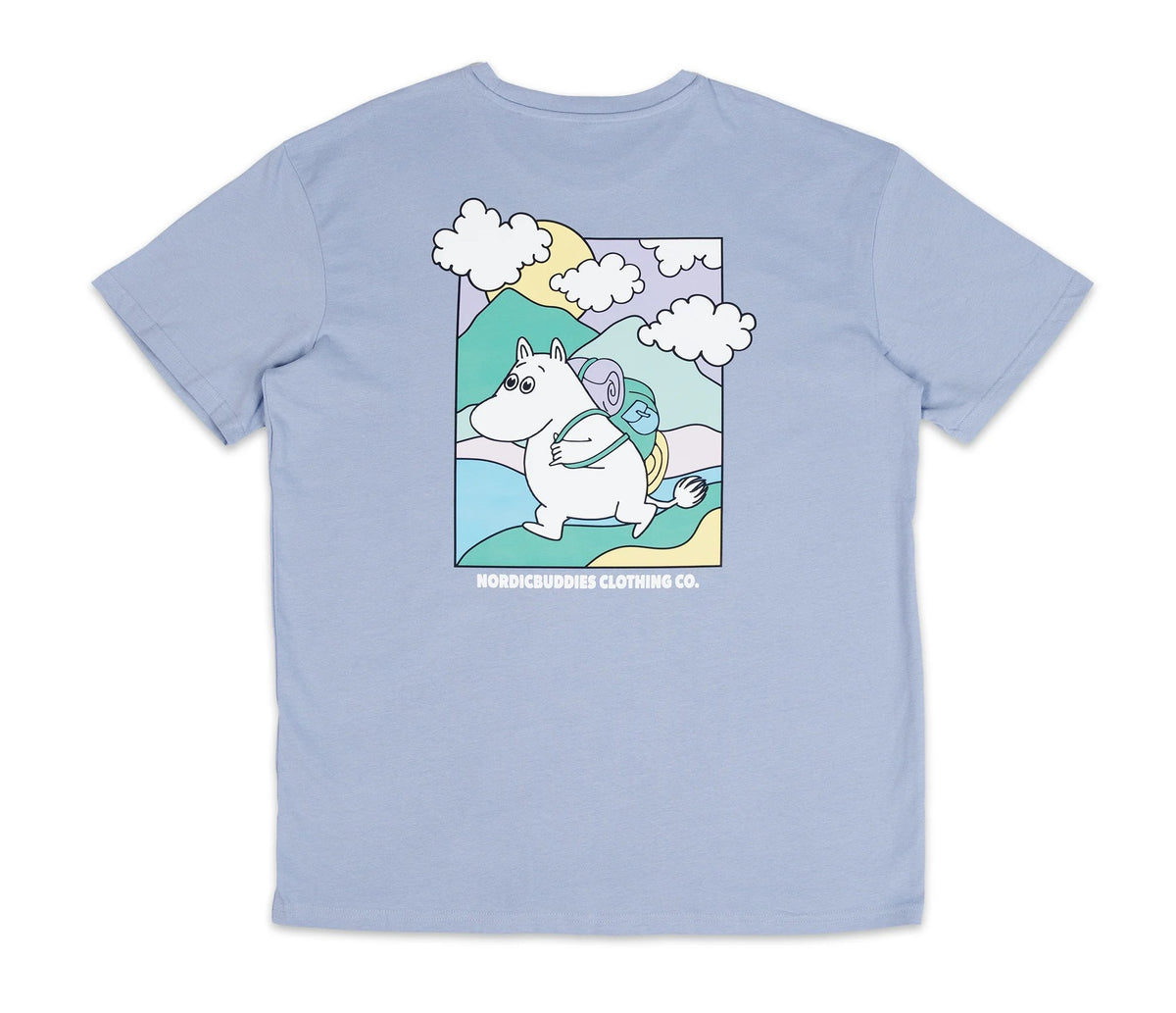 3. Flat lay of unisex blue Moomintroll's Adventure T-shirt with Moomin graphic on back
