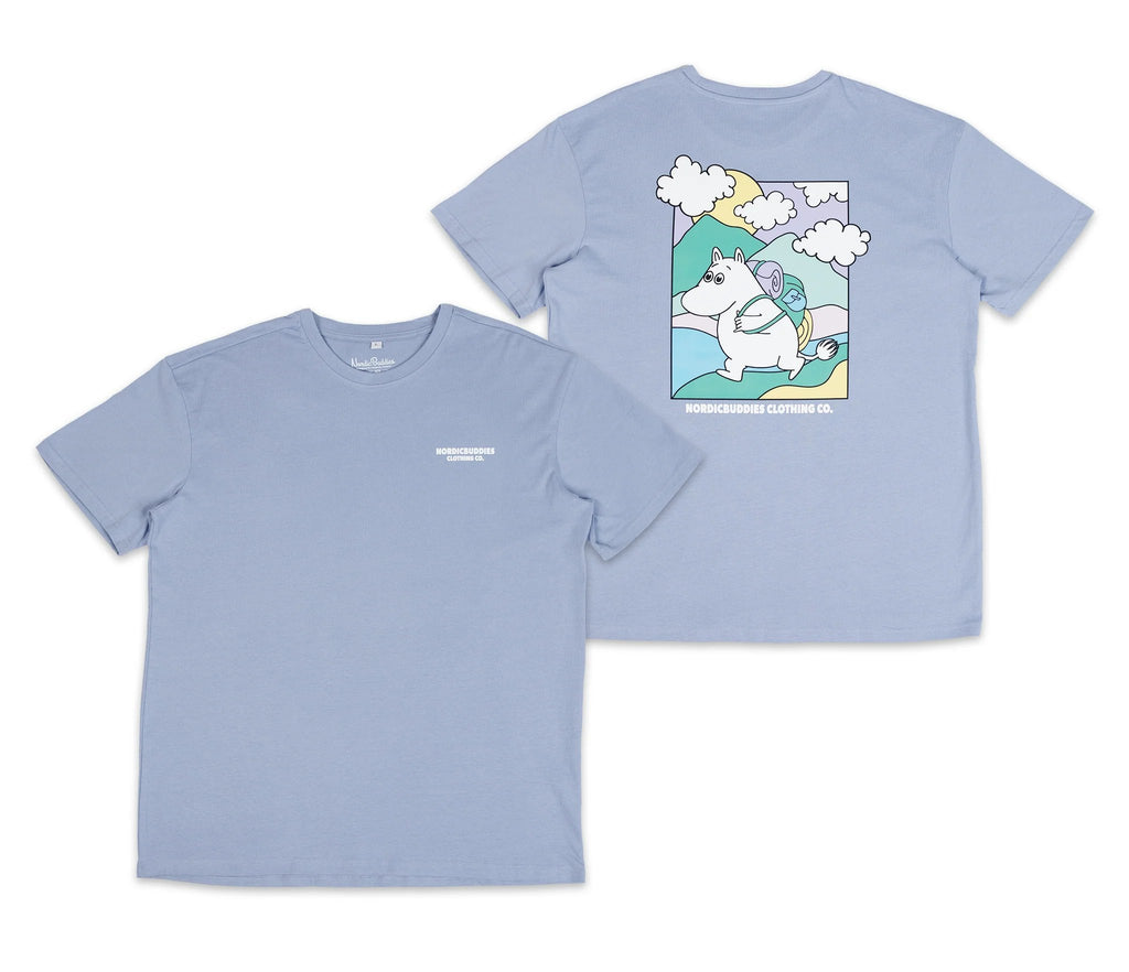 8. Flat lay of unisex blue Moomintroll's Adventure T-shirt showing front and back design