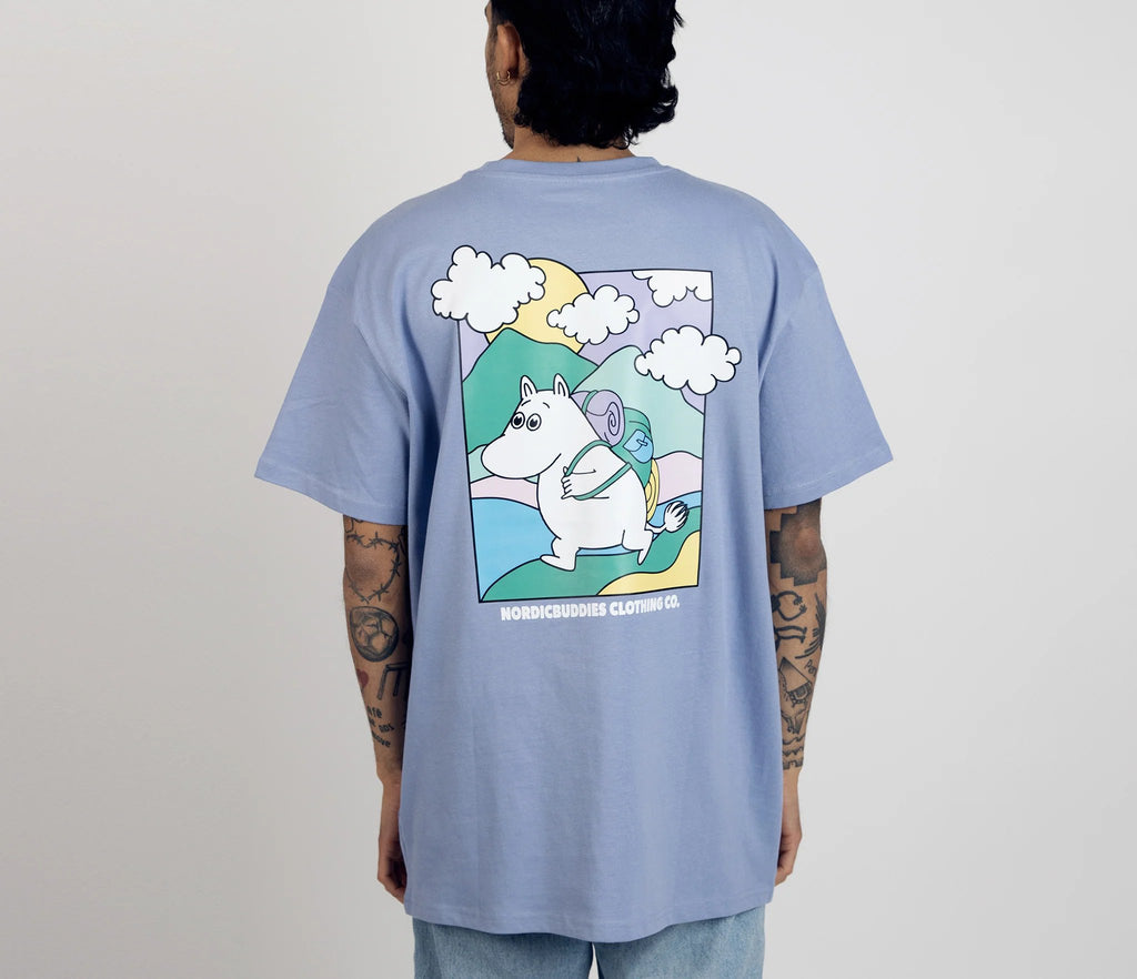 4. Men's unisex blue Moomintroll's Adventure T-shirt with colorful Moomin graphic on back, shown in studio