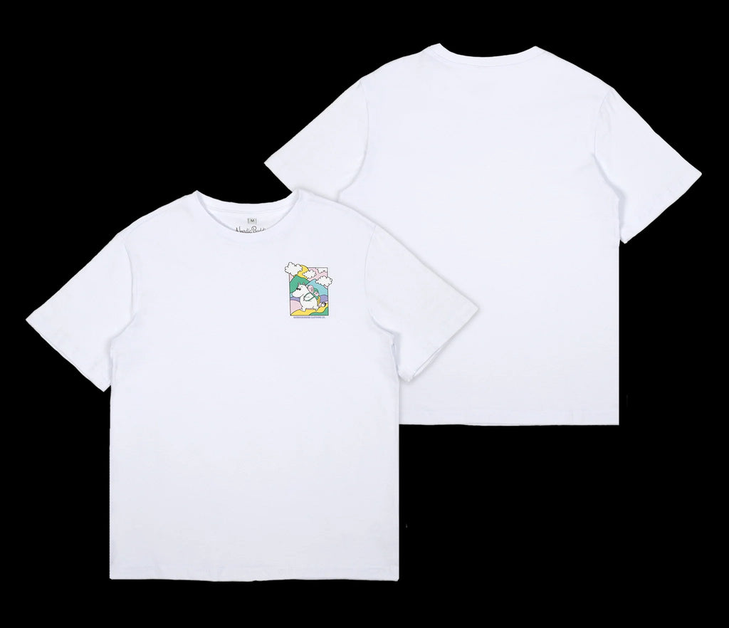 2. Flat lay of women's white Moomintroll's Adventure t-shirt by NordicBuddies, showing front and back design