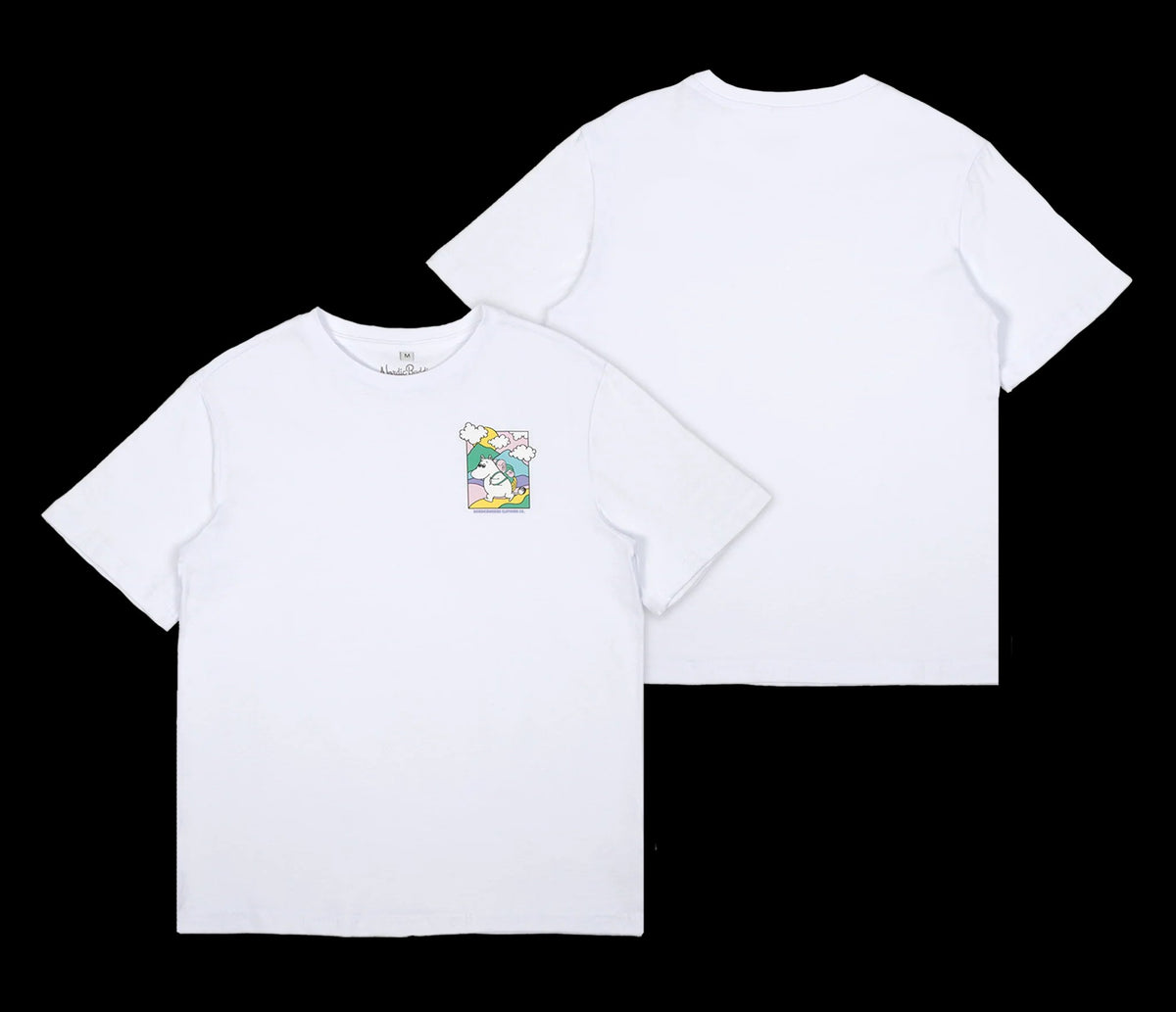 2. Flat lay of women's white Moomintroll's Adventure t-shirt by NordicBuddies, showing front and back design