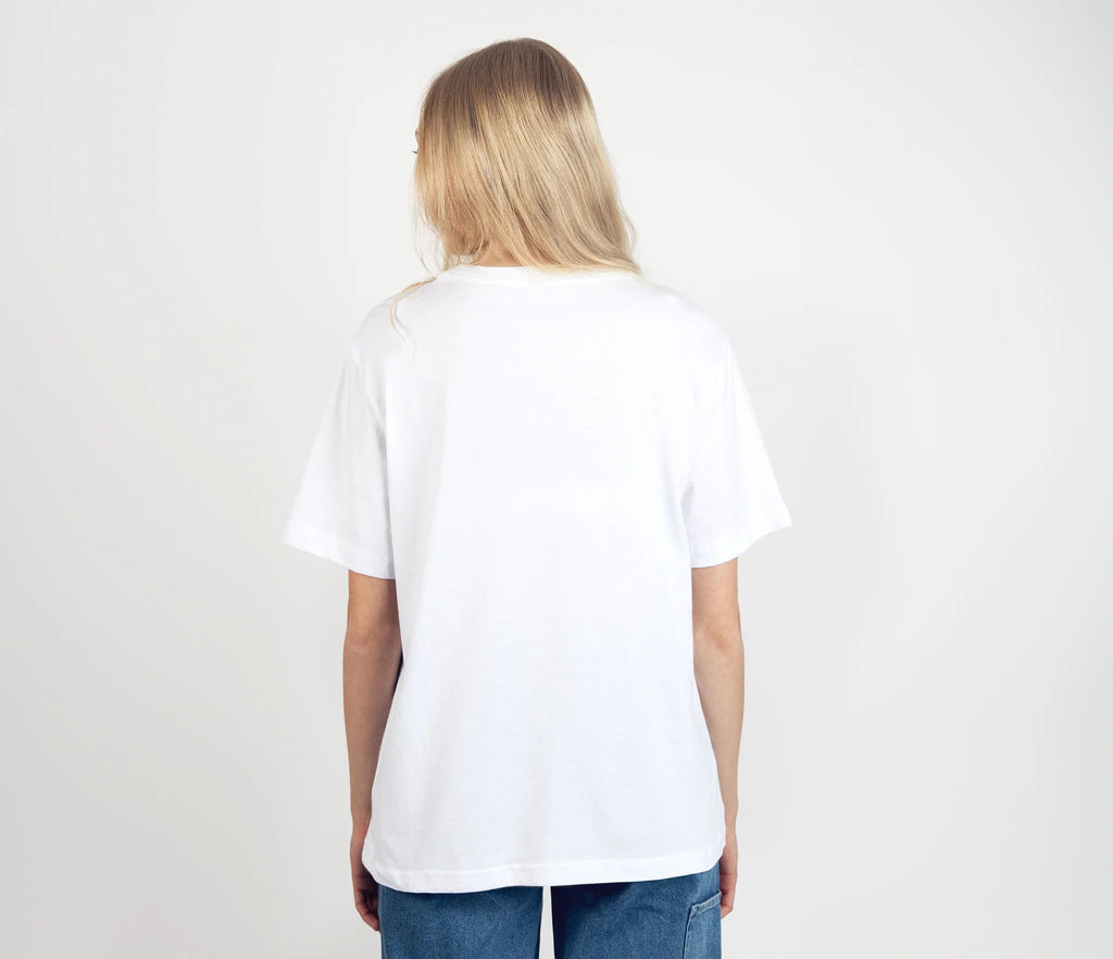 4. Female model wearing white Moomintroll's Adventure t-shirt by NordicBuddies, shown from the back