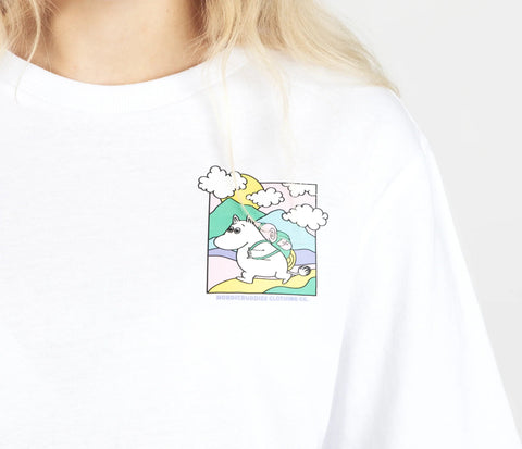 1. Close-up of women's white Moomintroll's Adventure t-shirt by NordicBuddies, featuring colorful Moomin graphic on chest