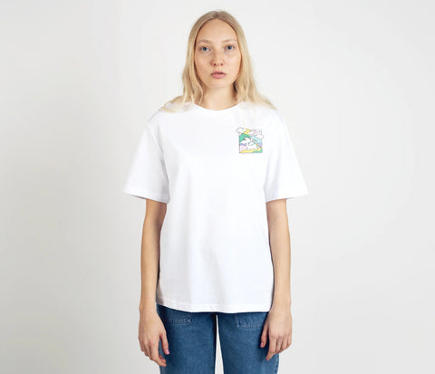 5. Female model wearing white Moomintroll's Adventure t-shirt by NordicBuddies, shown from the front