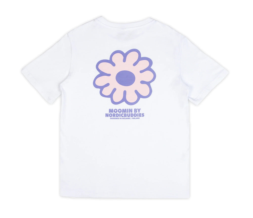 2. Studio shot of women's white Moomintroll t-shirt by NordicBuddies, back view with flower design