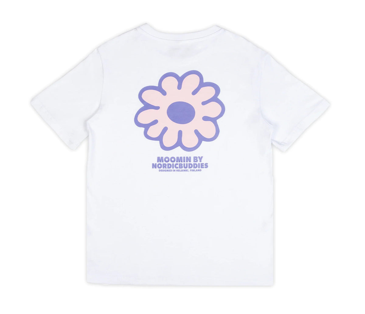 2. Studio shot of women's white Moomintroll t-shirt by NordicBuddies, back view with flower design