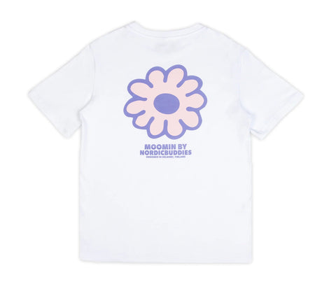 2. Studio shot of women's white Moomintroll t-shirt by NordicBuddies, back view with flower design