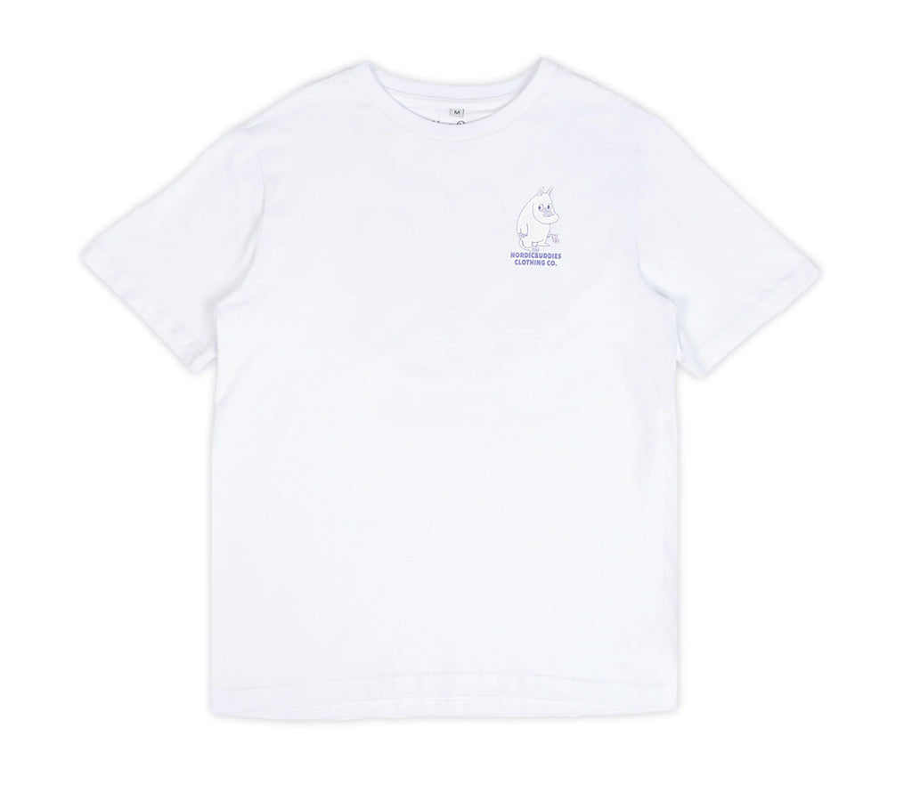 3. Studio shot of women's white Moomintroll t-shirt by NordicBuddies, front view with Moomin graphic