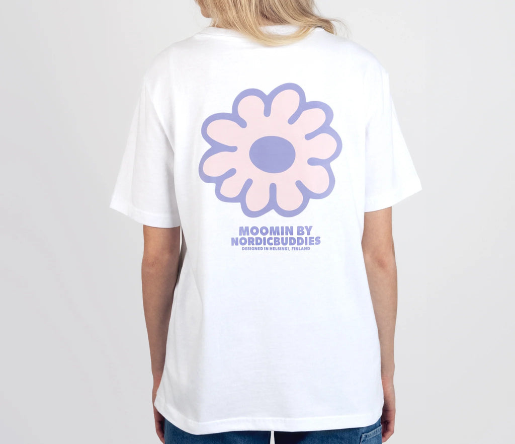 1. Women's white Moomintroll t-shirt by NordicBuddies, shown from the back with flower design, worn by model