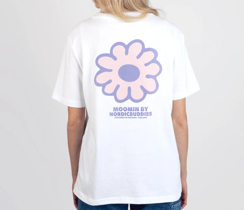 1. Women's white Moomintroll t-shirt by NordicBuddies, shown from the back with flower design, worn by model