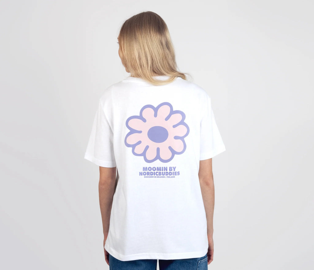 5. Women's white Moomintroll t-shirt by NordicBuddies, back view with flower design, worn by model