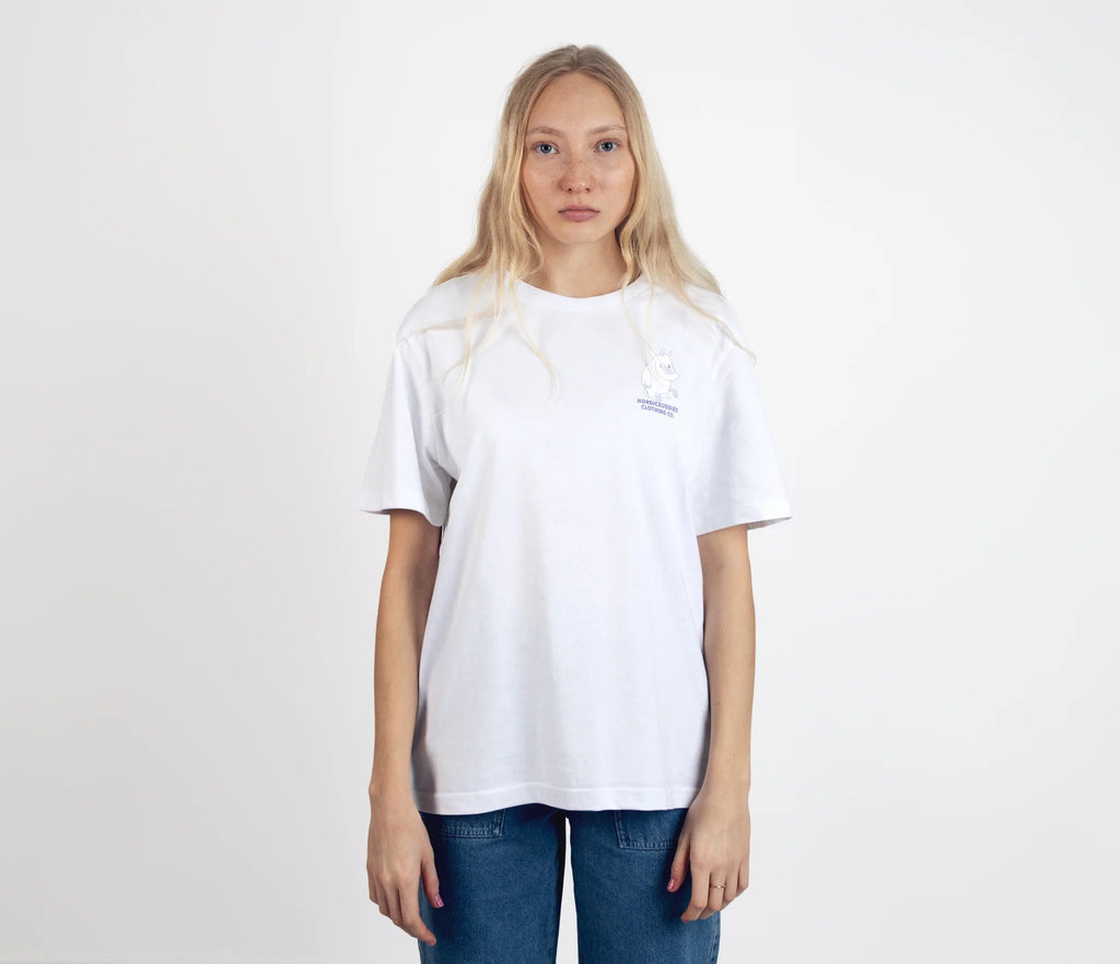 4. Women's white Moomintroll t-shirt by NordicBuddies, front view worn by model