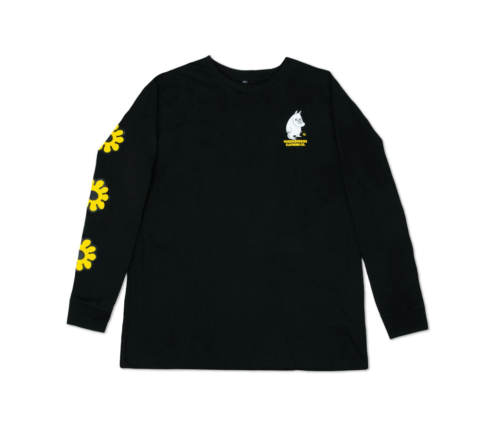 4. Front view of unisex black Moomintroll's Flower longsleeve shirt with yellow floral sleeve design and Moomin logo