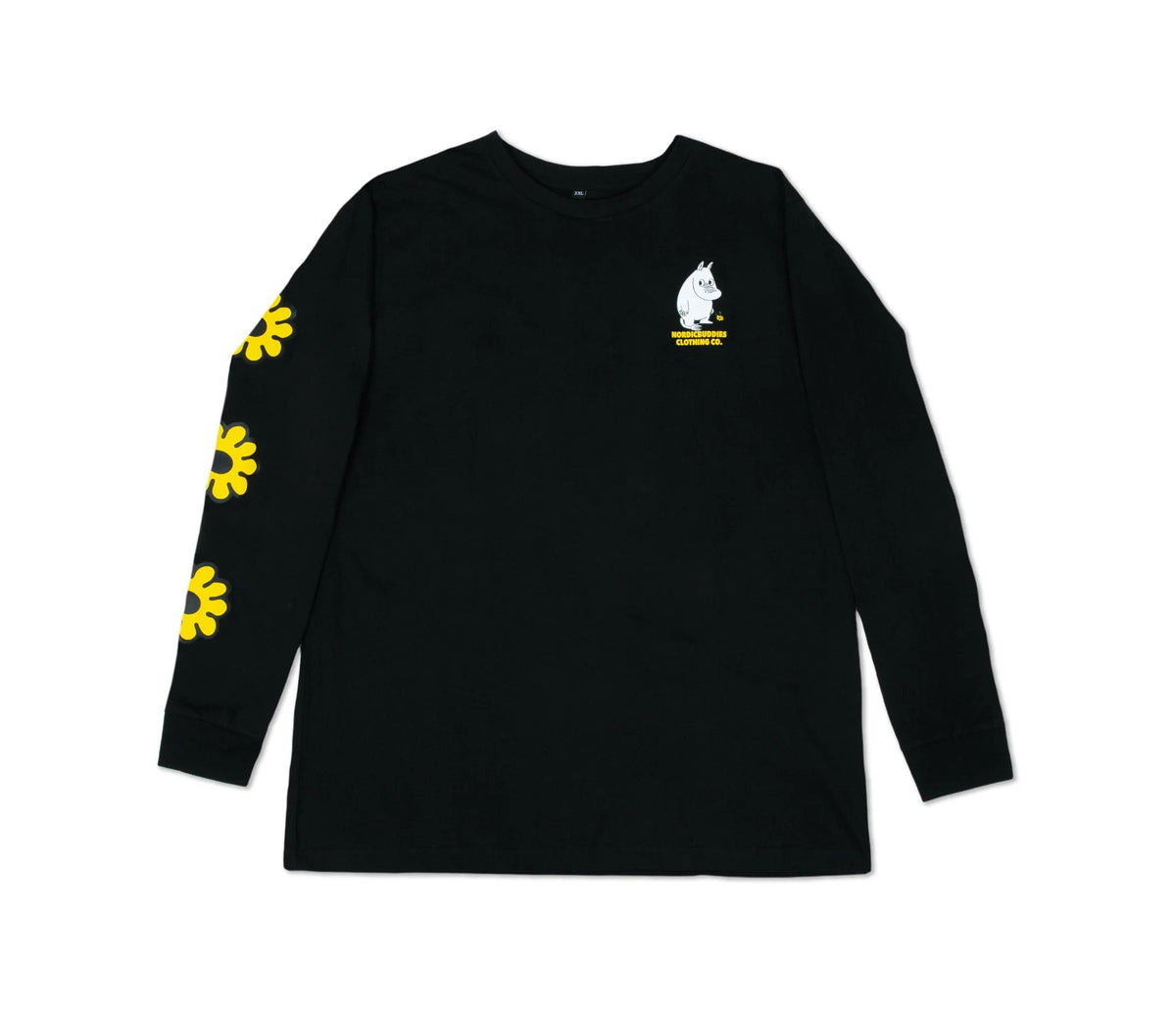 4. Front view of unisex black Moomintroll's Flower longsleeve shirt with yellow floral sleeve design and Moomin logo