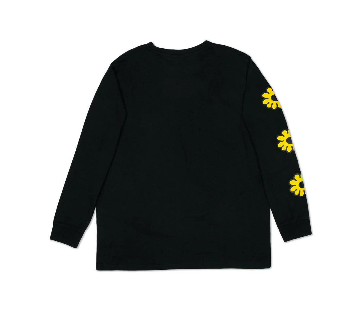 3. Back view of unisex black Moomintroll's Flower longsleeve shirt with yellow floral sleeve design