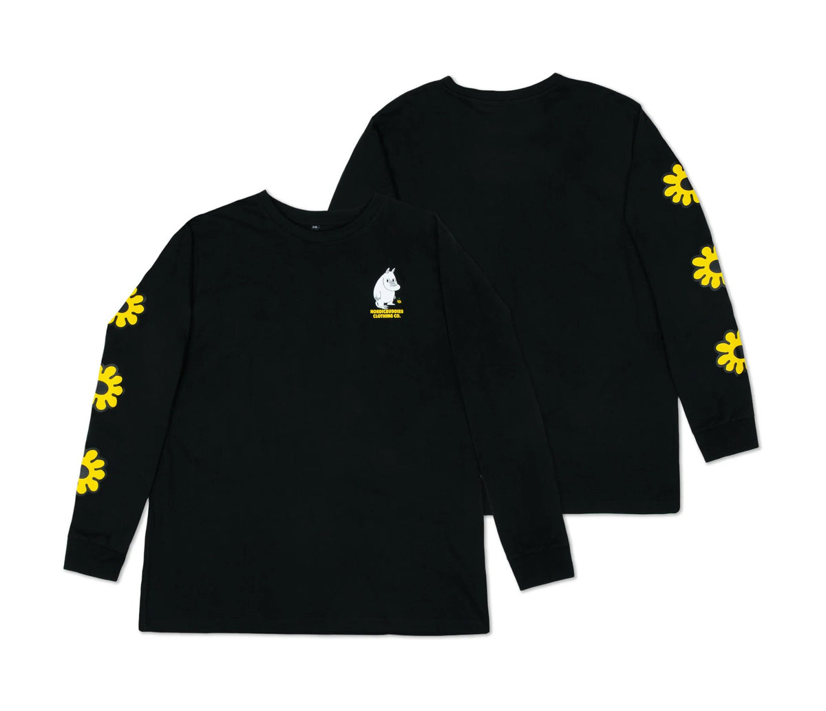 2. Unisex black Moomintroll's Flower longsleeve shirt front and back view, showcasing yellow floral sleeve design and Moomin logo