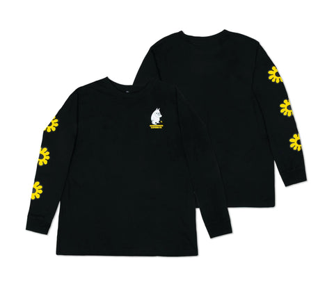2. Unisex black Moomintroll's Flower longsleeve shirt front and back view, showcasing yellow floral sleeve design and Moomin logo