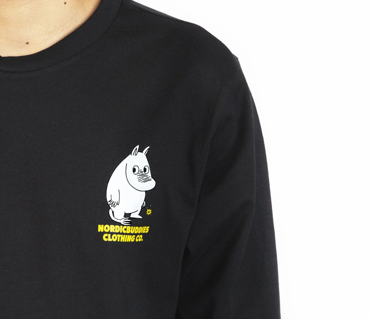 7. Close-up of Moomin logo on black Moomintroll's Flower longsleeve shirt by NordicBuddies