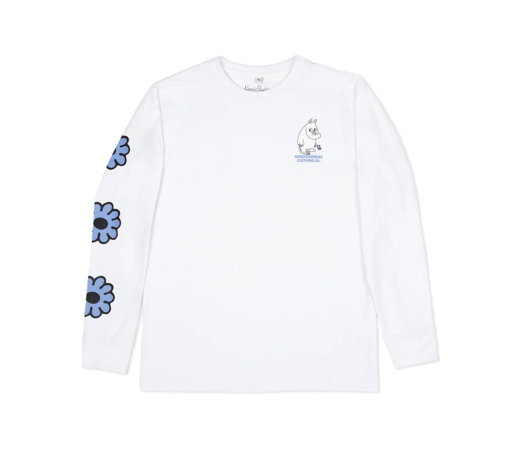 5. Unisex white Moomintroll's Flower longsleeve shirt front view, featuring blue floral sleeve design and cuffrib