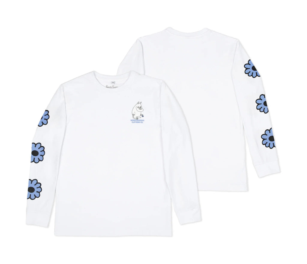 2. Unisex white Moomintroll's Flower longsleeve shirt front and back view, showcasing blue floral sleeve design and cuffrib