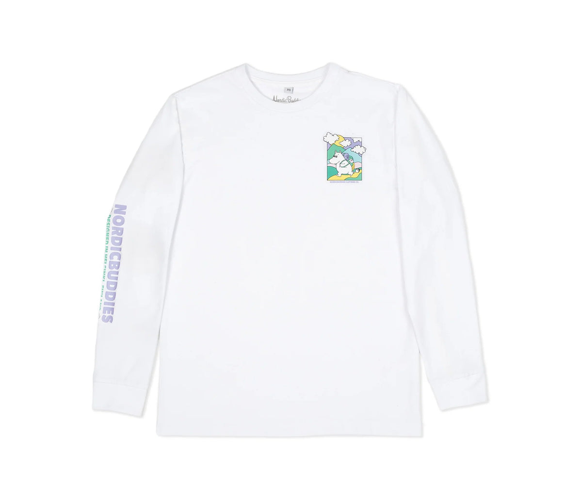 5. Studio image of unisex white Moomintroll's Adventure longsleeve shirt, showing front design and NordicBuddies branding on sleeve
