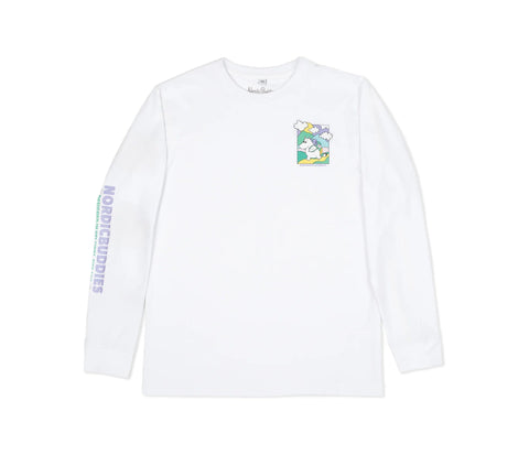 5. Studio image of unisex white Moomintroll's Adventure longsleeve shirt, showing front design and NordicBuddies branding on sleeve