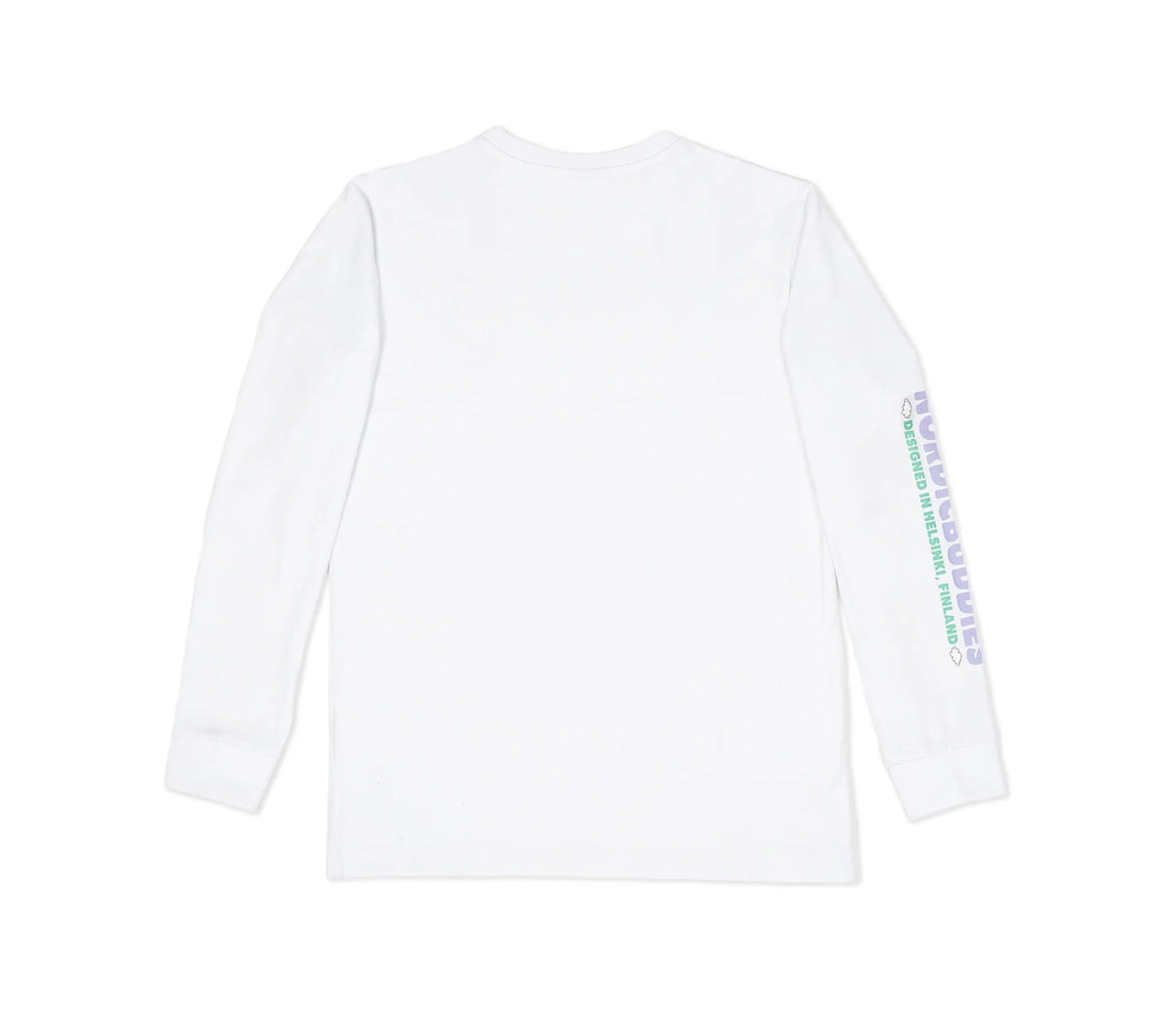 7. Back view of unisex white Moomintroll's Adventure longsleeve shirt, featuring NordicBuddies branding on sleeve