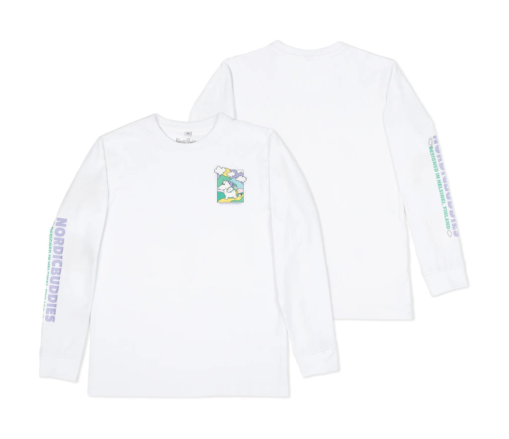 6. Front and back view of unisex white Moomintroll's Adventure longsleeve shirt, highlighting chest graphic and sleeve branding