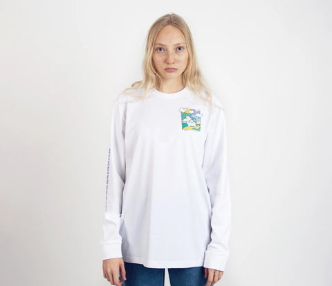 1. Unisex white Moomintroll's Adventure longsleeve shirt worn by female model, featuring colorful chest graphic and NordicBuddies branding on sleeve