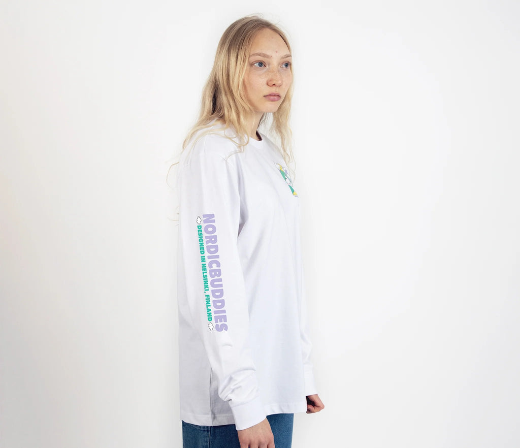 3. Side view of unisex white Moomintroll's Adventure longsleeve shirt worn by female model, highlighting NordicBuddies branding on sleeve