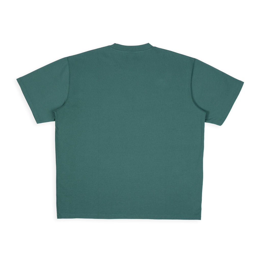 7. Back view of unisex green Moomin Classics heavy t-shirt in studio setting