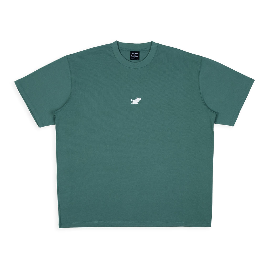 1. Unisex green Moomin Classics heavy t-shirt worn by male and female models in studio