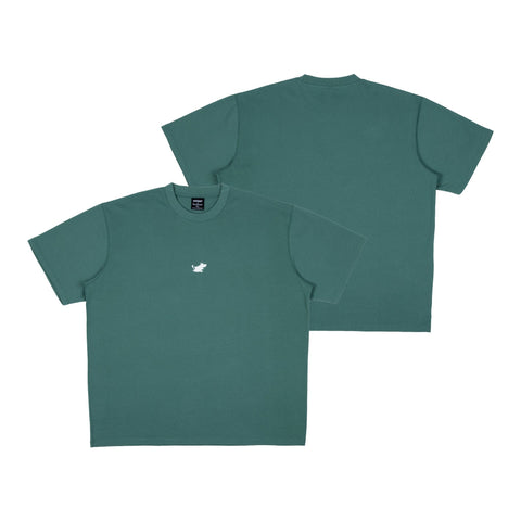 5. Flat lay of unisex green Moomin Classics heavy t-shirt showing front and back design